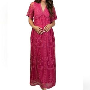 PinkBlush Magenta Lace Mesh Overlay Maternity Maxi Dress Size M